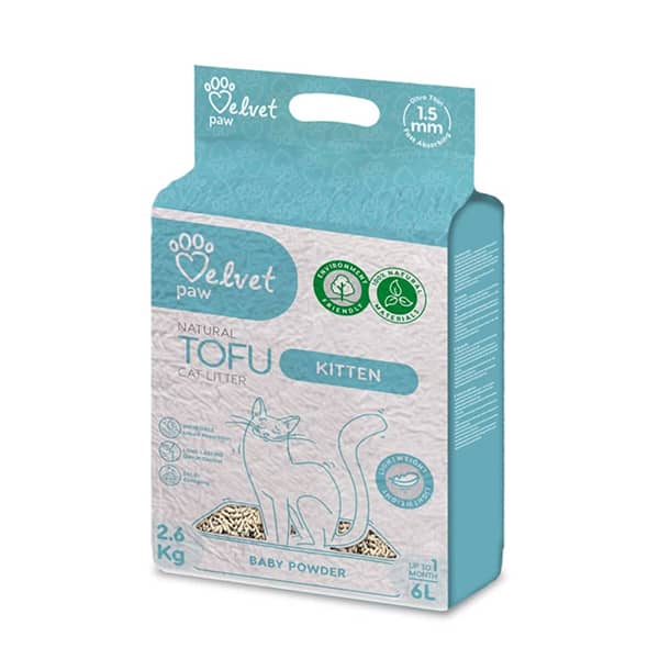 Velvet Paw Kitten tofu pakaiši kaķiem ar bērnu pūdera aromātu 2.6 kg 6 L